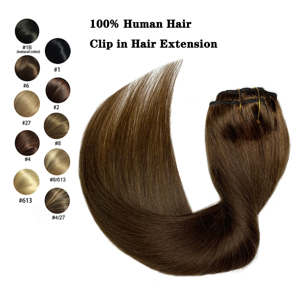 Extensiones de cabello humano Real con Clip para mujer, cabello Natural liso, cabeza completa, brasileño
