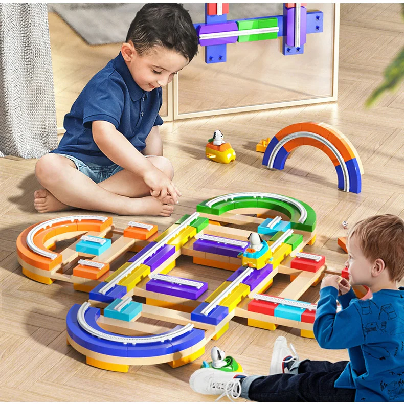 

New Cool Track Railway Toys Wooden Train Track Set Electric Sliding Car Assembled Wood Tracks Educational Toys For Kids Gifts