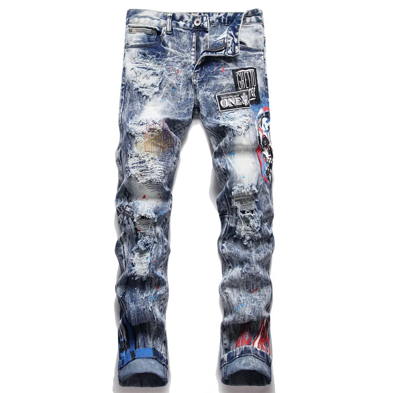 

Men Skull Flame Print Jeans Streetwear Snow Washed Denim Holes Ripped Stretch Pants Patchwork Slim Straight Distressed Trousers