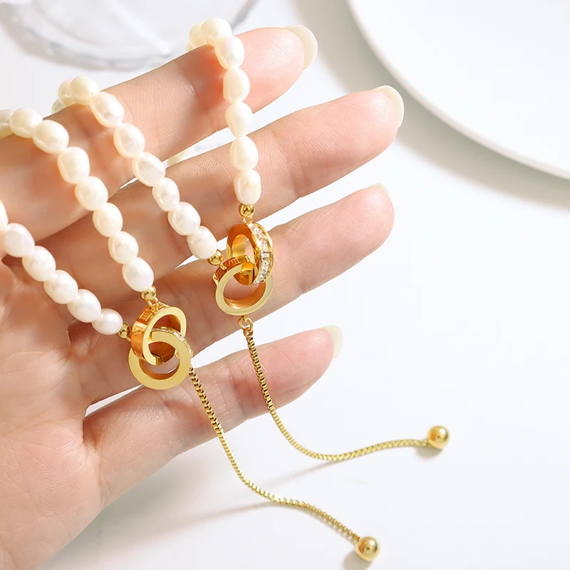 

Popular Luxury Artificial Pearl Necklace With Small Waist Design Women'S Stainless Steel Roman Double-Ring Pendant Necklace