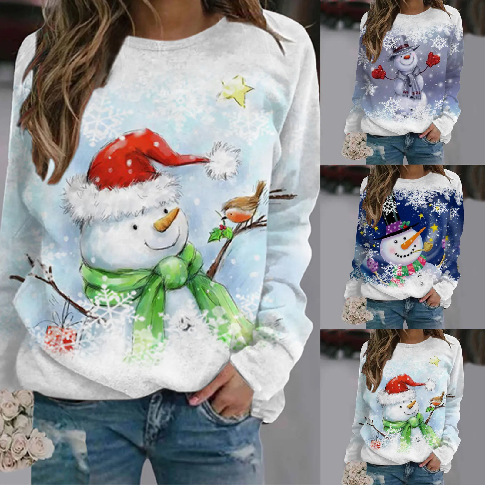 

Ladies Printed No Hat Round Neck Long Sleeve Hoodie Active Jacket Women