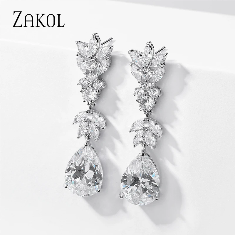 

ZAKOL New Brand Design Luxury Teardrop Cubic Zirconia Elegant Women Dangle Earrings for Bride Dazzling Wedding Jewelry