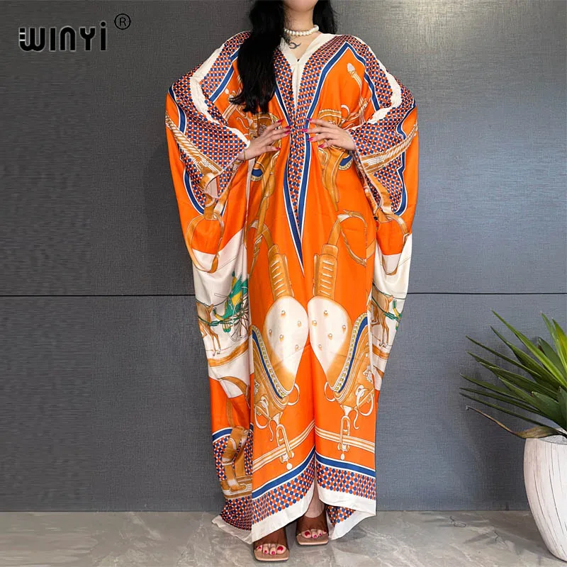 

WINYI 2023 Summer Middle East Fashion boho Popular printed Silk Kaftan Maxi dress Beach Bohemian Caftan long dress for lady