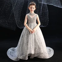 summer childrens evening dress new model walk show princess style gray trailing show host piano violin birthday party performan