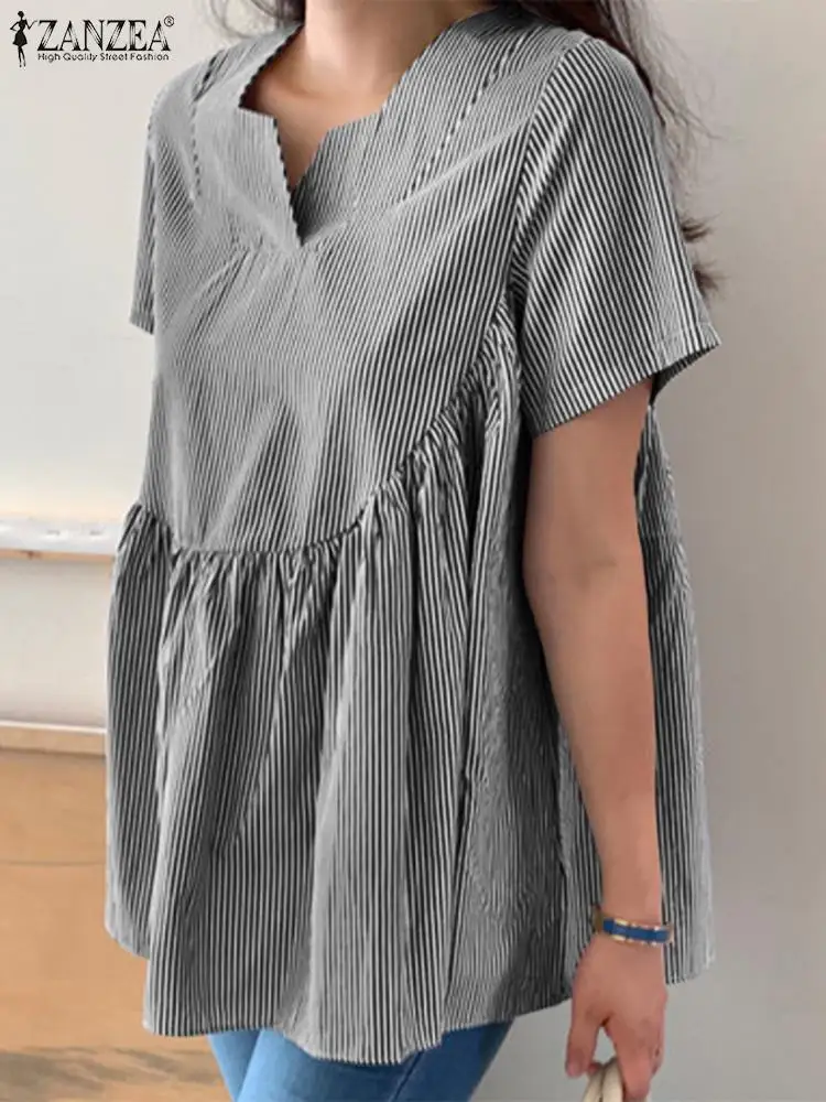 

ZANZEA Summer V Neck Short Sleeve Striped Blouse Fashion Women Party Blusas Oversize Top Tunic Casual Loose Holiday Shirt Female
