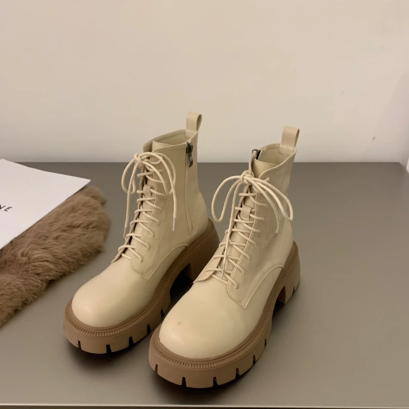 Ladies Winter Thick Heel Punk Ankle Boots Shoes Cross Lace Up Solid Color Ladies Casual Fashion Elegant Botas Mujer Women Shoes