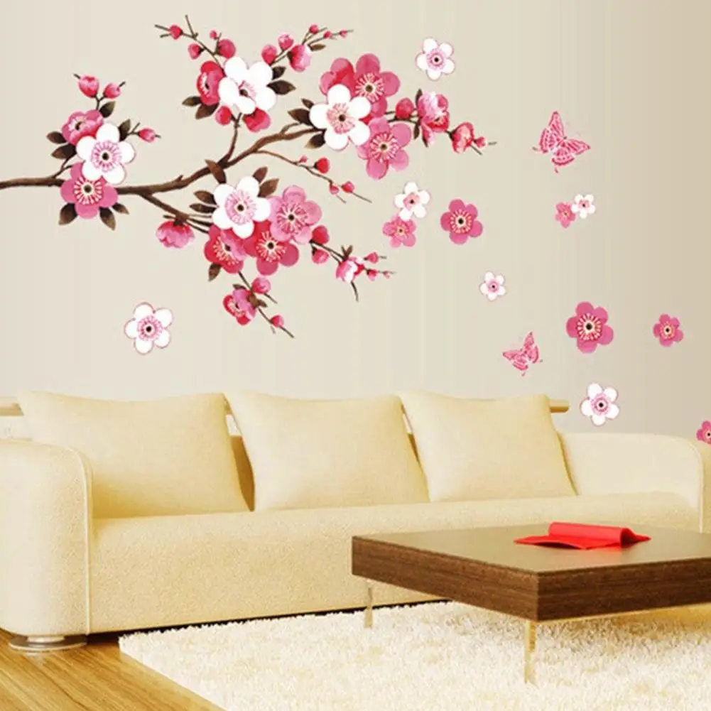 

Removable Pink Color Butterflies Peach Blossom Pattern Wall Sticker for Living Room Bedroom