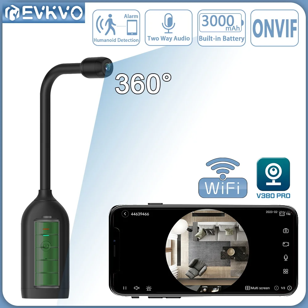 

EVKVO 5MP 360° Panoramic WIFI Mini Camera Built-in Battery AI Humanoid Detection VR Fisheye Ultra Wide Angle IP Camera V380