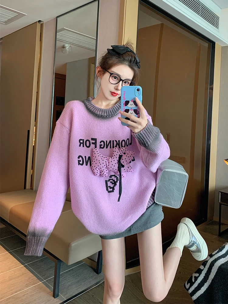 Фиолетовый трехмерный пуловер для щенков женский свитер на осень и зиму 2024 новый