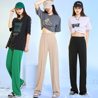 fashion ice silk wide leg pants womens spring summer thin korean new pure color straight tube casual vertical knitted trousers