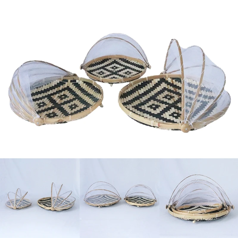 

Hand-Woven Food Serving Tent Basket Tray Fruit Vegetable Bread Storage Basket Simple Atmosphere Picnic Net Cover