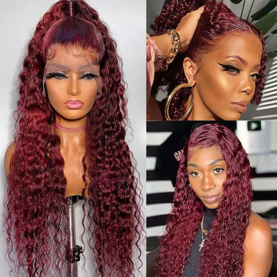 Бордовые вьющиеся парики 99J из человеческих волос на сетке спереди красные