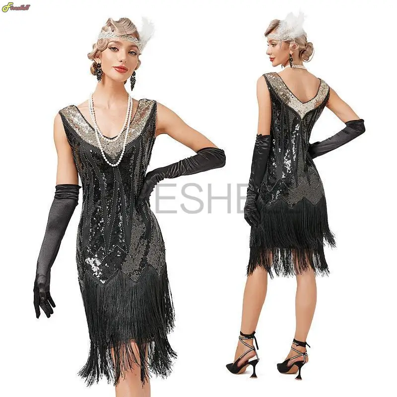 

1920s Flapper Dress Great Gatsby Black Vintage Dress V Neck Beaded Fringed Tassels Cocktail Prom Wedding Party Cosplay Costumes