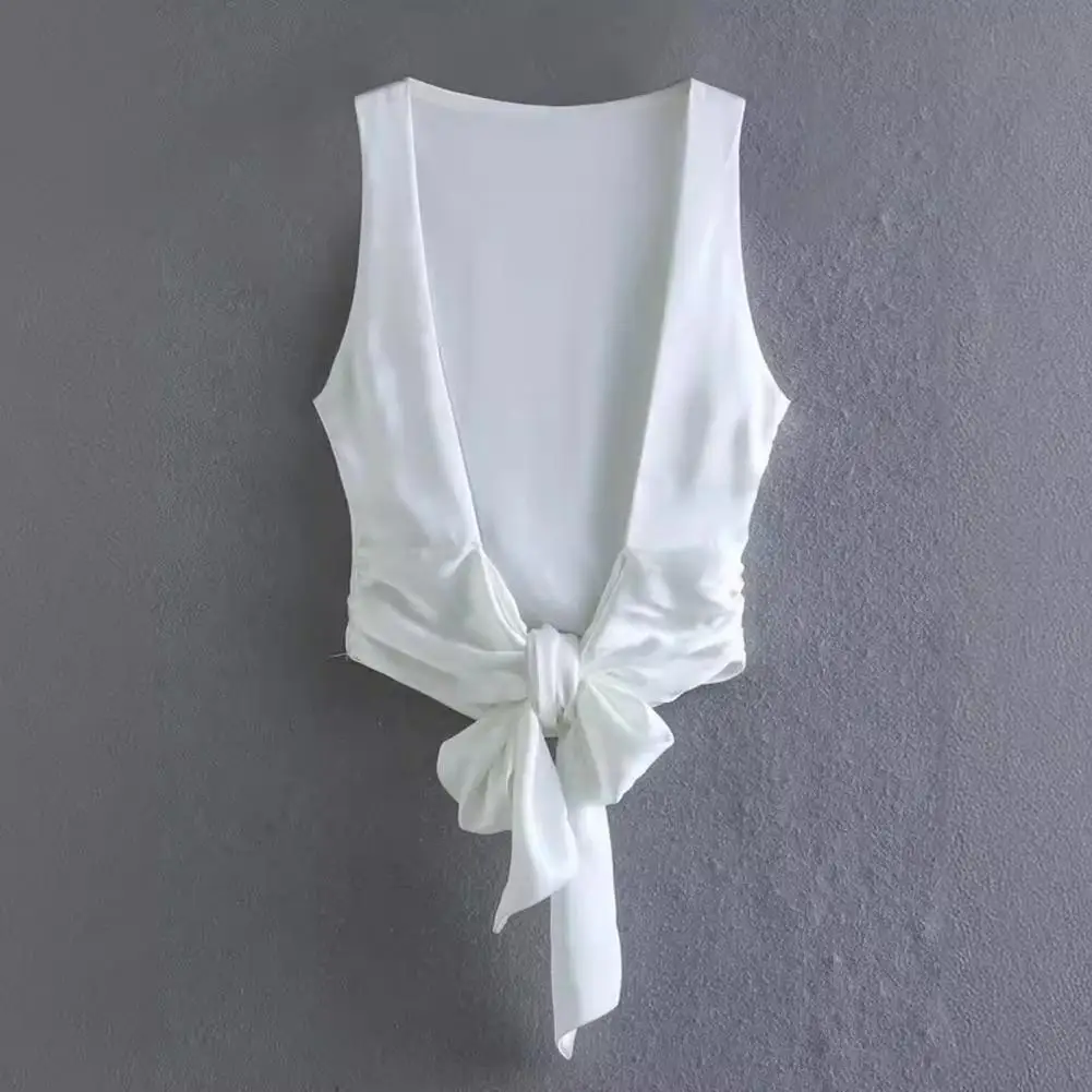 Летние женские сексуальные модные атласные майки с бантом и открытой спиной