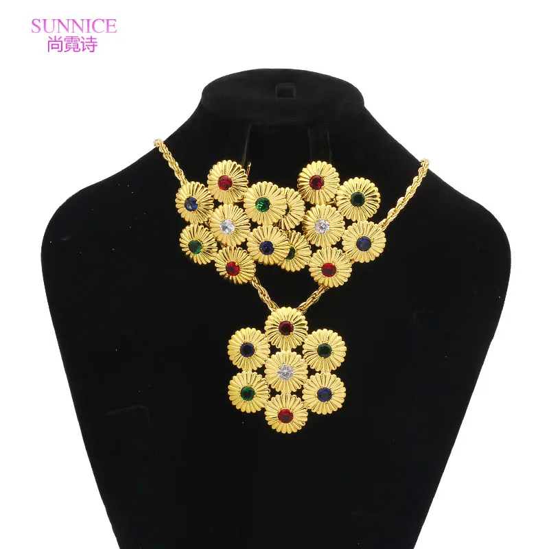 

SUNNICE Zircon Dubai Jewelry Sets For Women 18k Gold Plated Necklace Earrings Round Pendant Wedding Banquet Jewellery