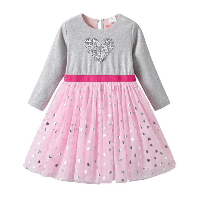 VIKITA Children Heart Design Sequined Dresses Kids Long Sleeve Autumn Winter Princess Elegant Mesh Tulle Shiny Dresses 3-10 Yrs 2
