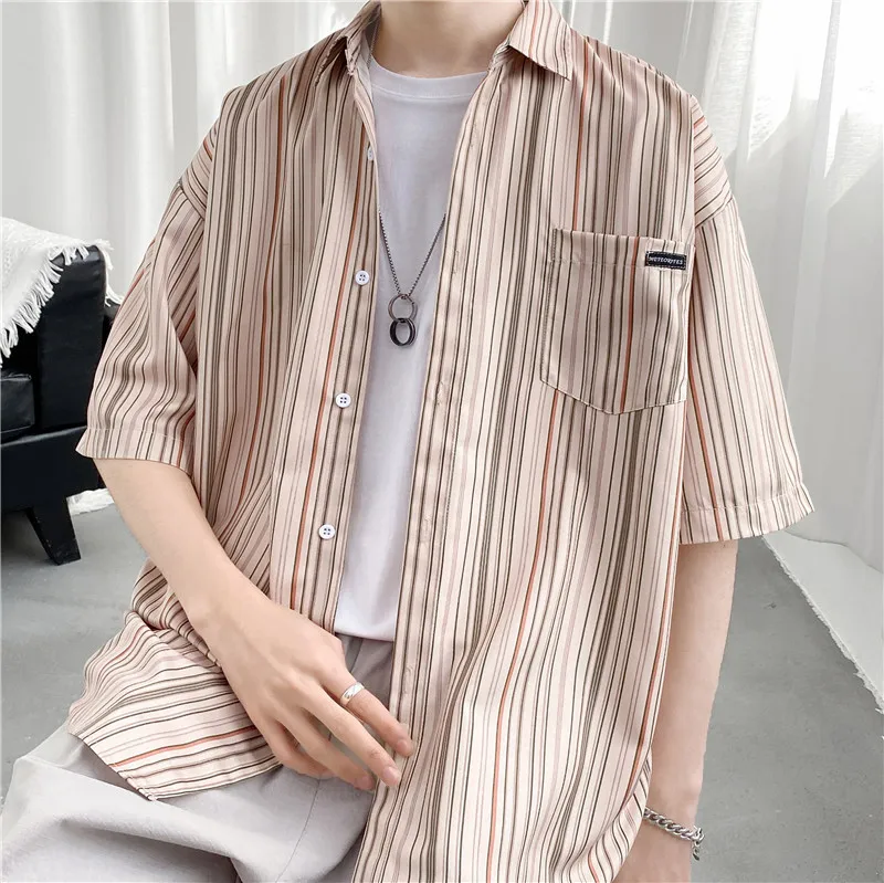 

Summer short-sleeved ice silk shirt men's Hong Kong style loose student wild striped shirt teenager handsome trend coat