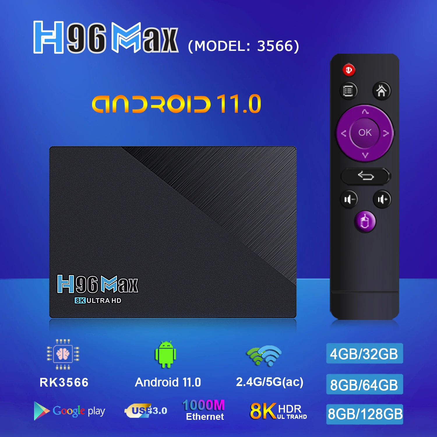 

Yoteen Smart TV Box H96 Max RK3566 8GB DDR4 Up To 128GB Flash Build In 2.4G 5G Support SPDIF IR Remote Google Play Android 11.0