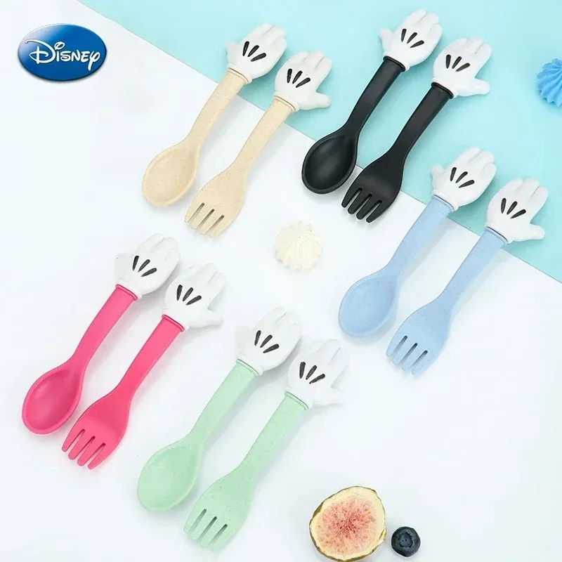 Фото Disney Микки Маус, вилка из пшеничной соломы, ложка, посуда, детский мультяшный милый обед, набор посуды, фруктовая вилка, десертная кофейная ложка, комплект №2