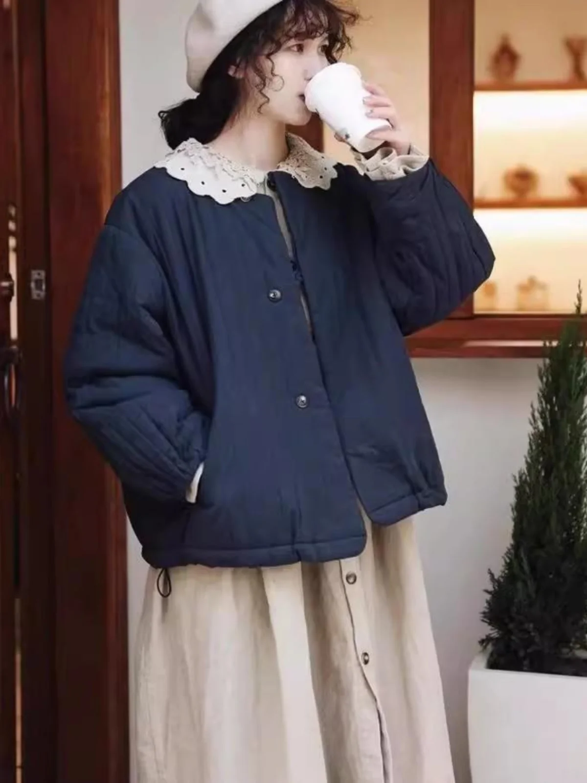 Японская мода Женская одежда Художественная утолщенная верхняя в стиле ретро