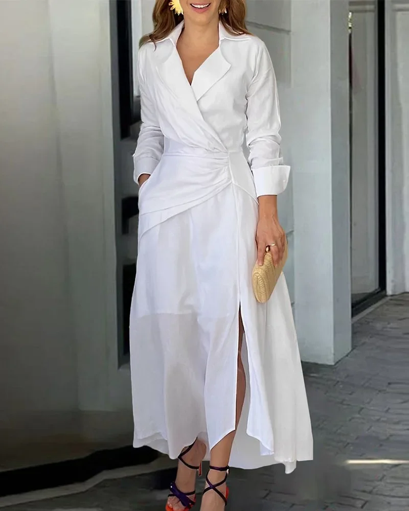 Женские платья с длинным рукавом и отложным воротником однотонное асимметричное