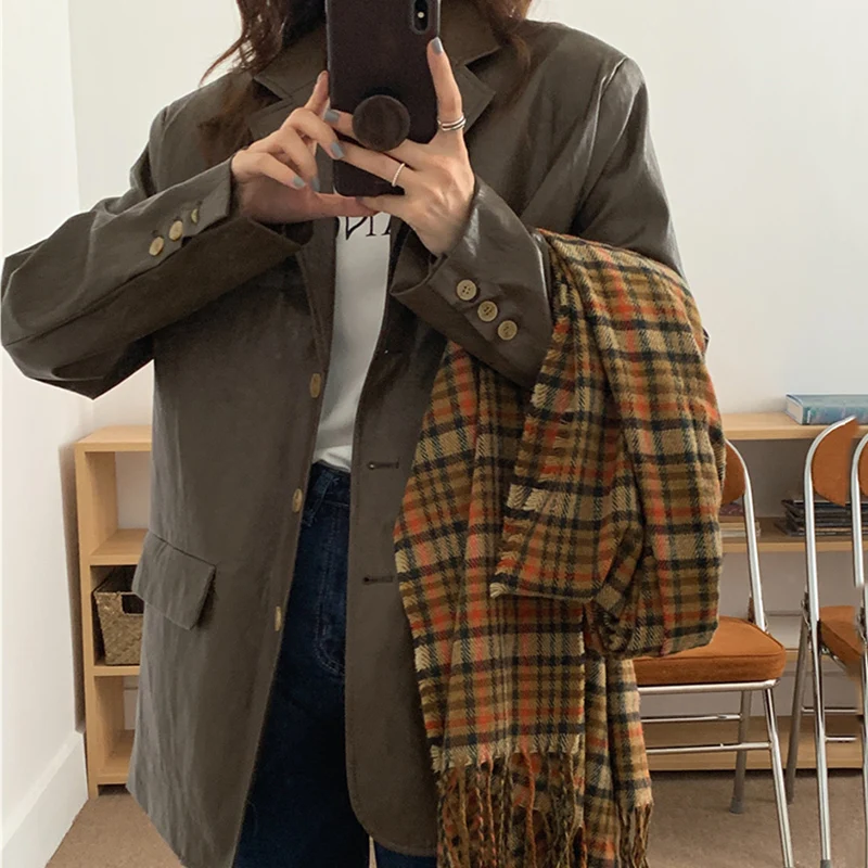 2022 autumn and winter new women's long-sleeved Korean fashion casual loose lapel trend leather suit jacket women