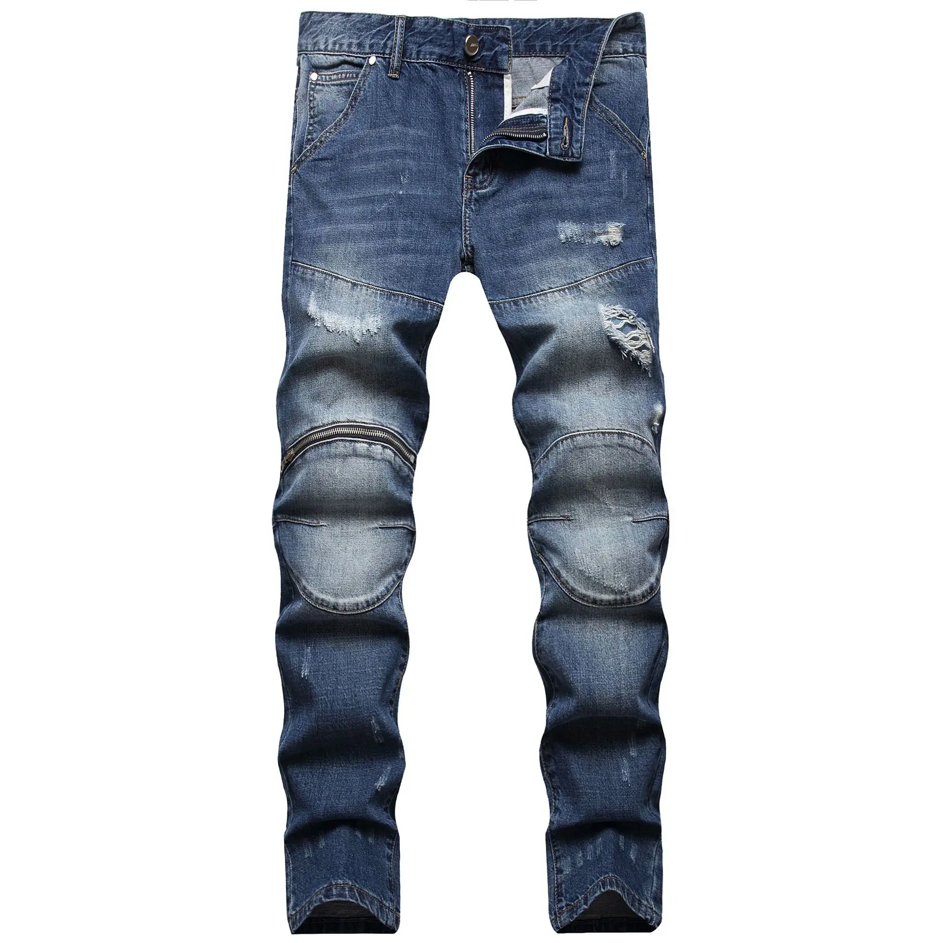 Men's Ripped Jeans Winter Trend Fashion Knee Zipper Embellishments Denim Trousers Autumn Slim Fit Streetwear Pants