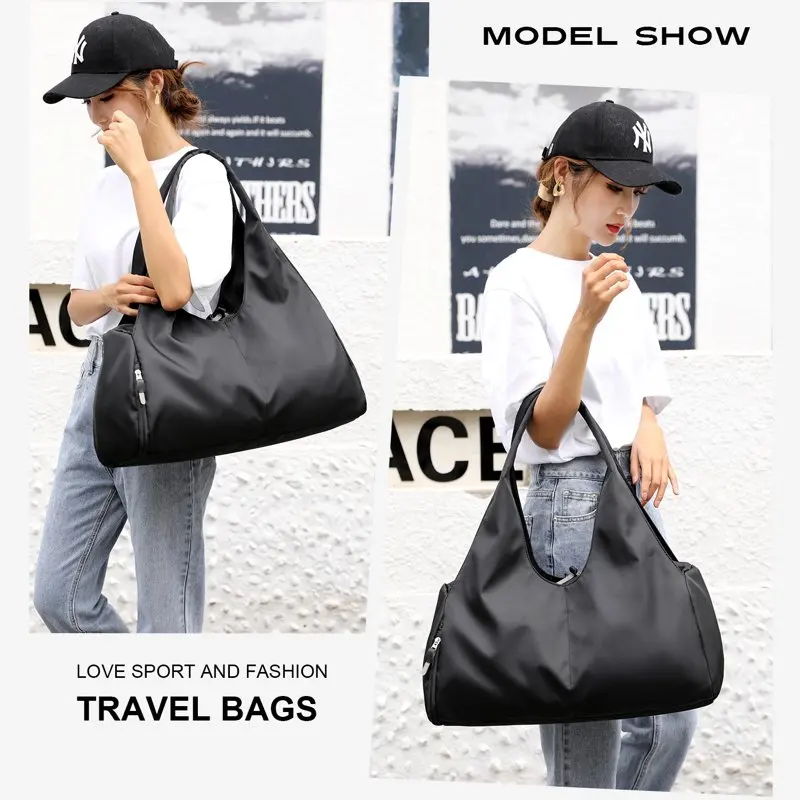 Carry On Travel Duffle Bag Packable Luggage Travelling Gear Sports Gym Bags Lightweight Tote Shoulder Pack, Black