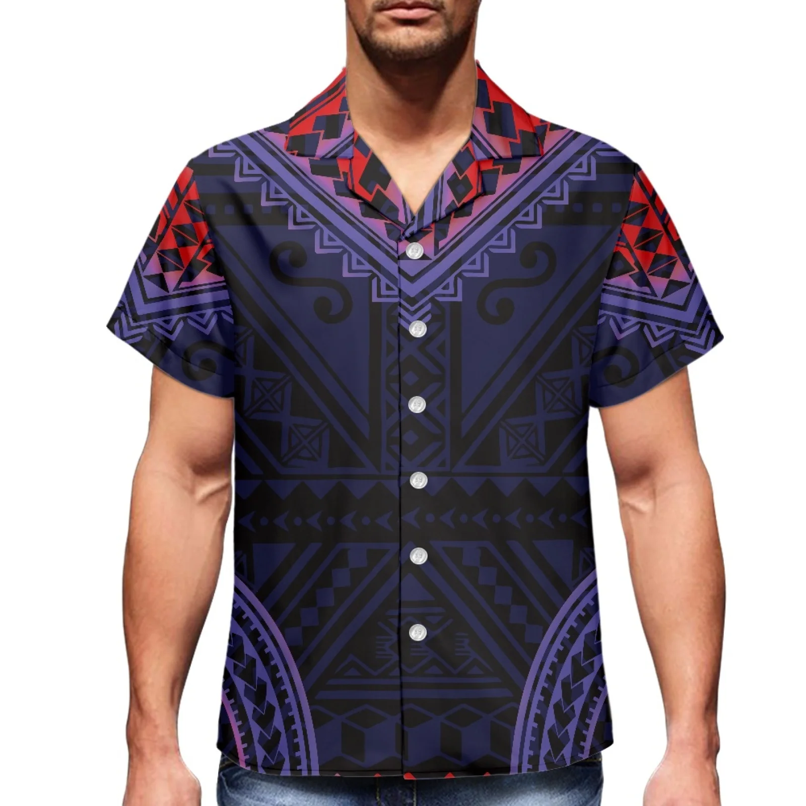 Purple Polynesian Tribal Traditional Print 2023 Summer Fake Luxury Men's Shirt V-Neck Men's Short Sleeve Hawaiian Sport Shirt
