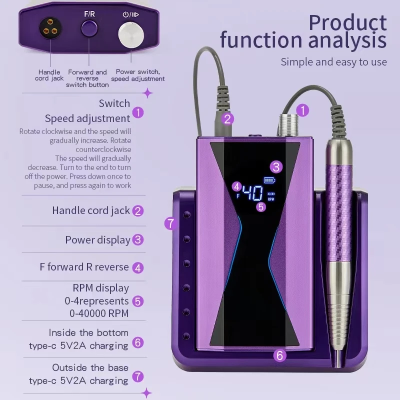 Электрическая дрель для ногтей 40000 об./мин. перезаряжаемая портативная