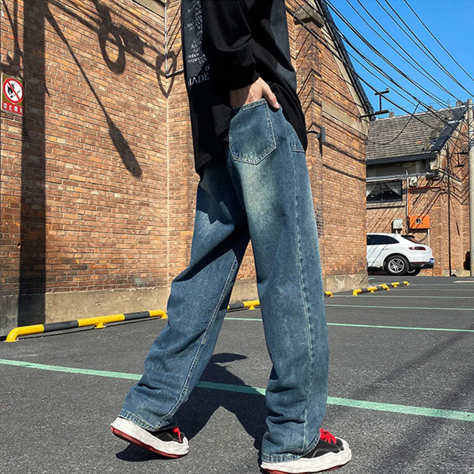 American Retro Jeans Men's Spring And Autumn Loose Wide-Leg Mop Trousers Fashion Brand High Street Pendant Straight Trousers A12