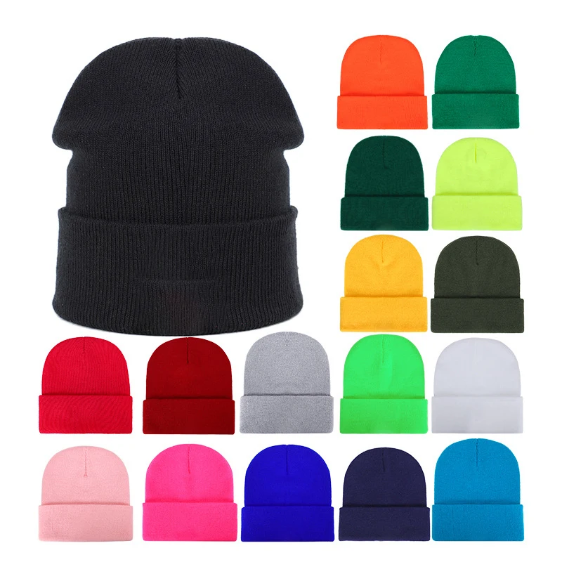 

Winter Warm Solid Color Men Women Acrylic Knitted Beanie Cap Male Female Elastic Breathable Windproof Wool Caps Hat Skullcap 58g