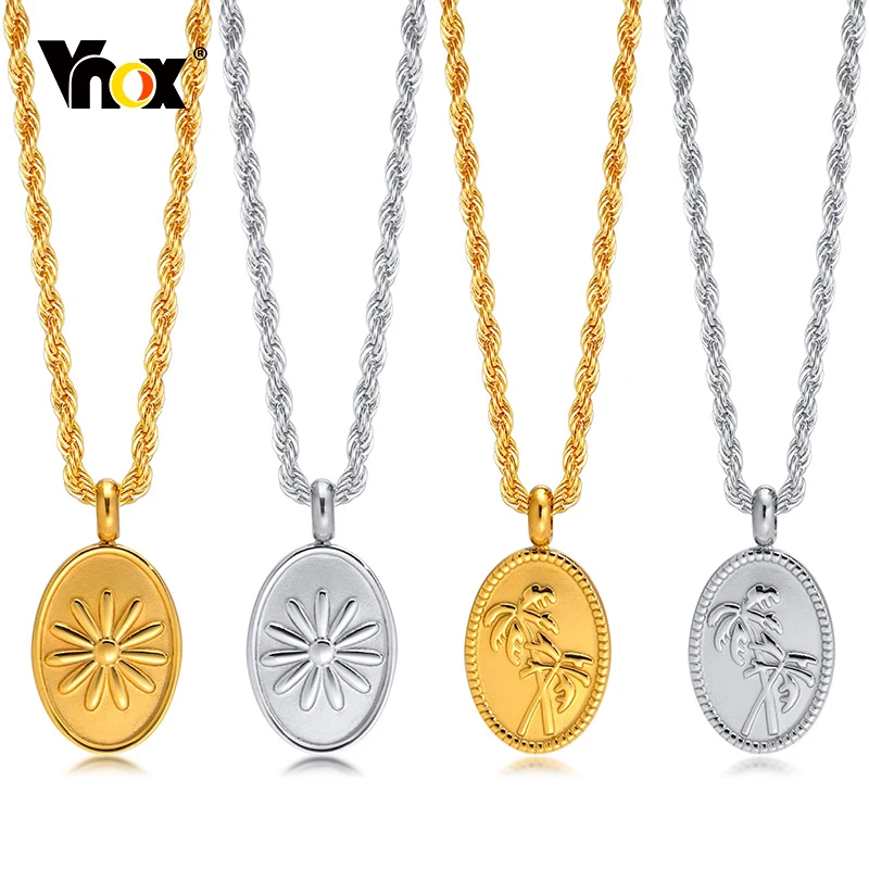

Vnox 2022 New Fashion Flower Coconut Tree Necklaces for Women Jewelry,Stainless Steel Oval Round Pendant,with Rope Chain
