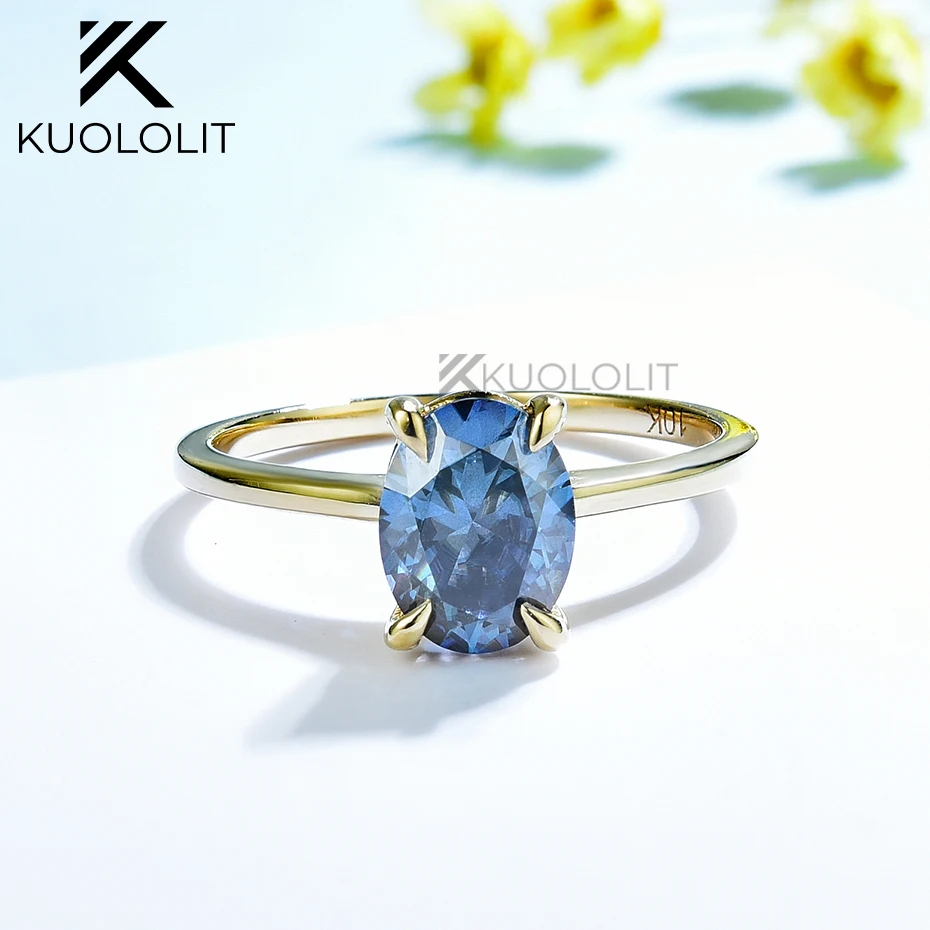 

Женское овальное кольцо kuoluit 1.5CT, синее моиссанитовое кольцо 14 к 18 К, желтое золото, голубой цвет, для помолвки, Рождество