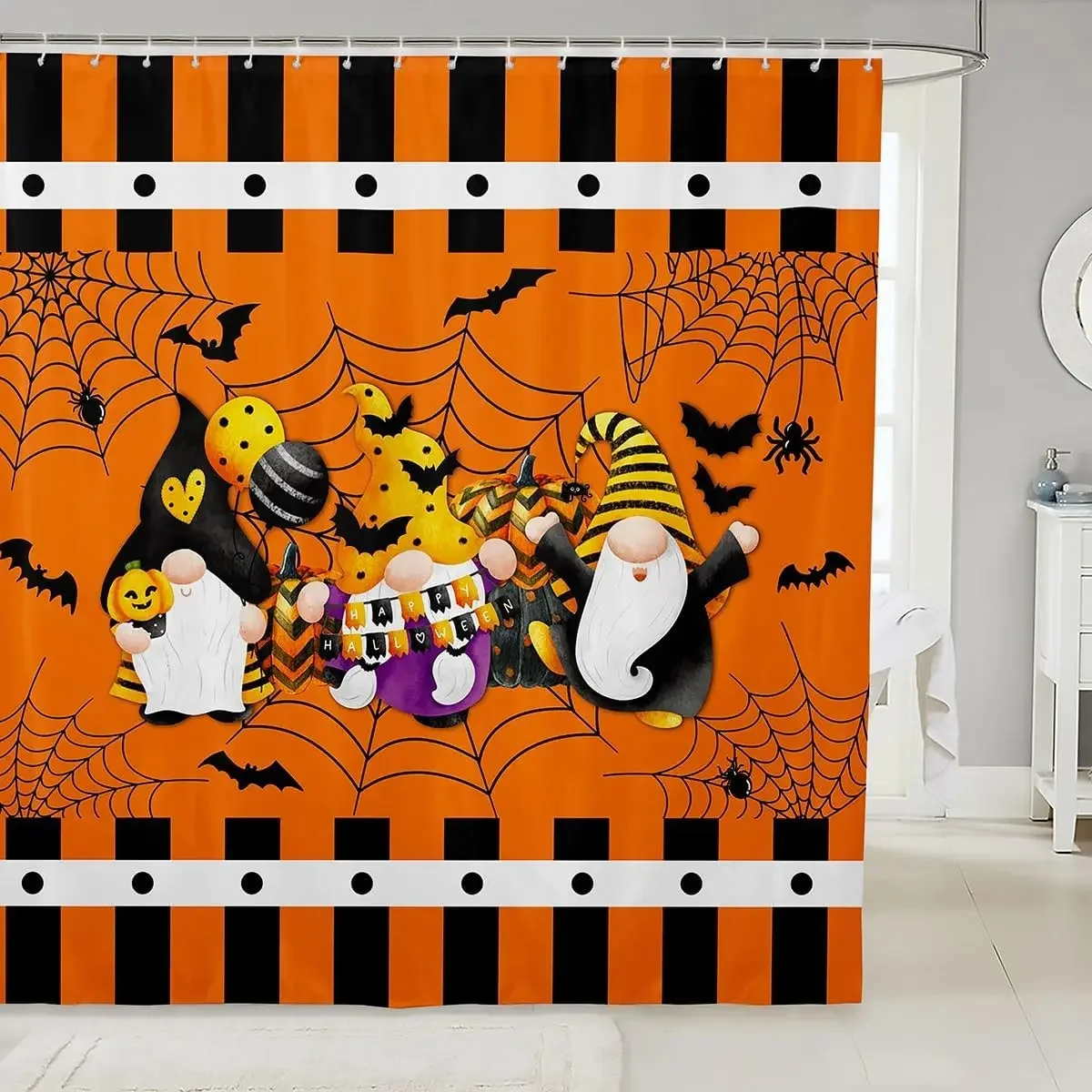 Halloween Shower Curtain Bloody Handprint Skeleton Bats Ghost Pumpkin Happy Elf Polyester Bath Home Decoration