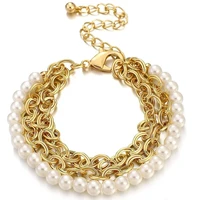 new fine design creative 18k gold freshwater pearl layered chain bracelet for women summer accessories stainless steel jewelry