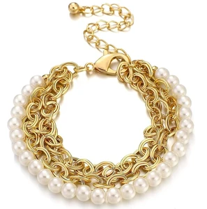 New Fine Design Creative 18k Gold Freshwater Pearl Layered Chain Bracelet for Women Summer Accessories Stainless Steel Jewelry