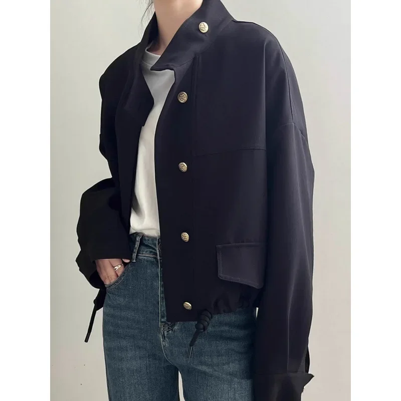 Женская осень 2024 новая свободная куртка с миниатюрным воротником-стойкой