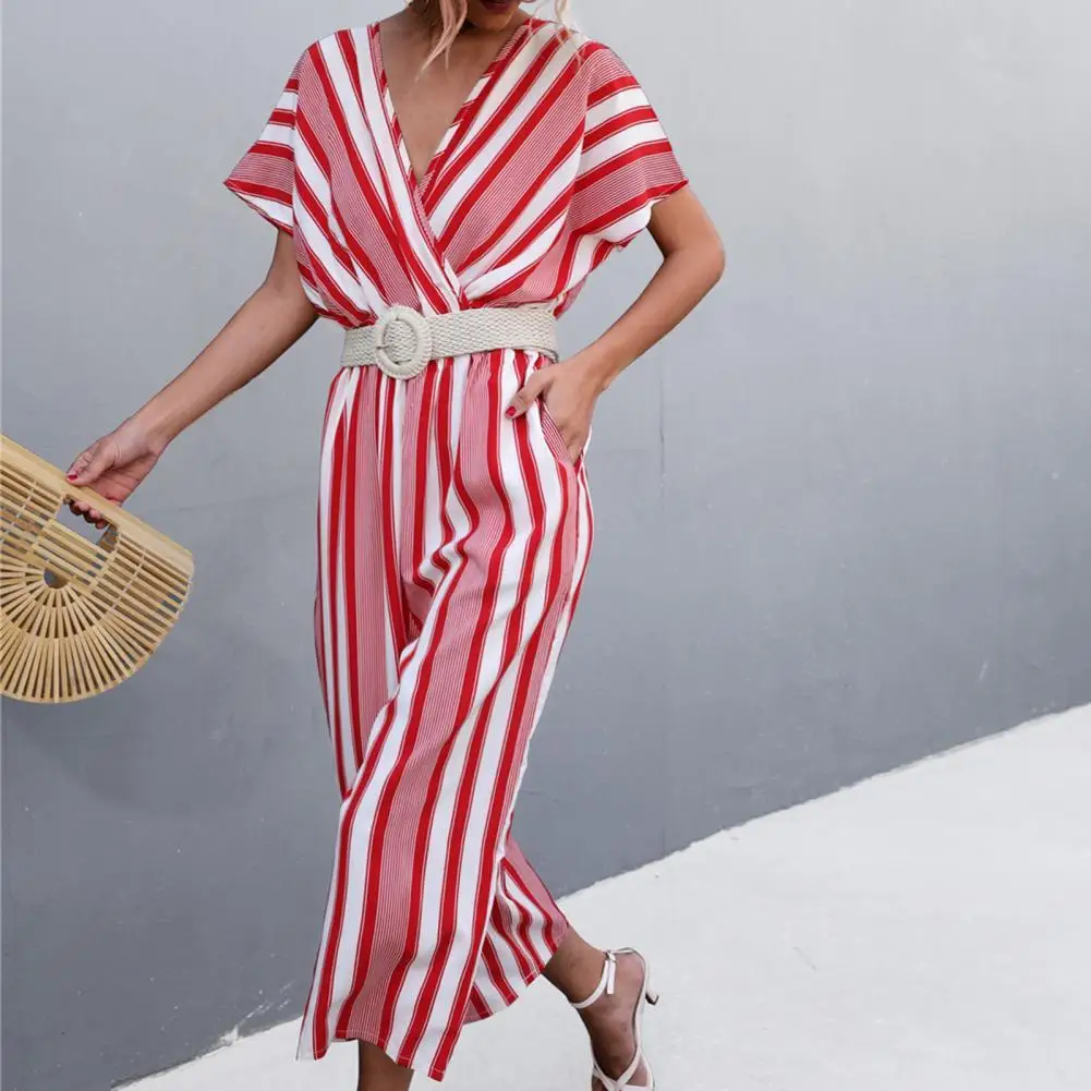 

Summer Short Sleeve Women Rompers Lady Jumpsuit Stripe Printing V Neck Tight Waist Summer Romper for Dating 2022 Women's Clothes