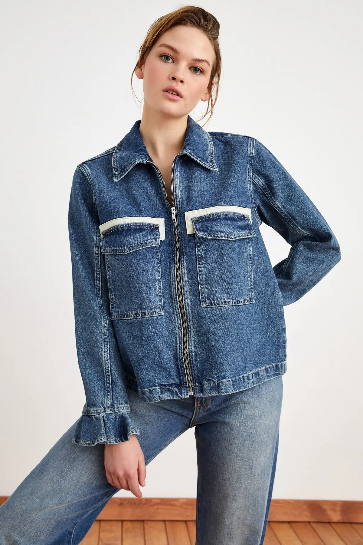 

Женская джинсовая куртка, темно-синяя джинсовая куртка на молнии