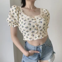 floral lace side sweet crop tops summer clothes for women square neck puff sleeve tops korean fashion all match kawaii t shirts