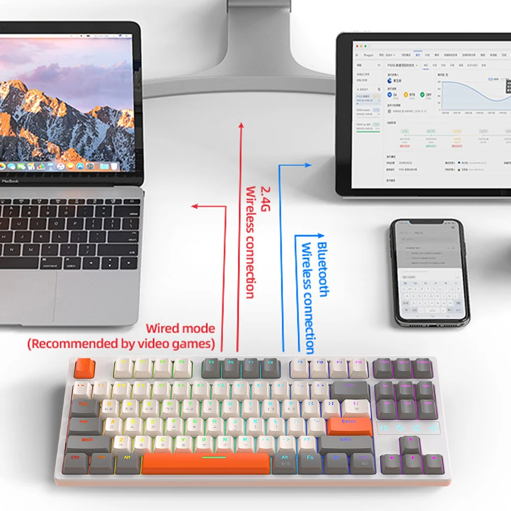 

K87 Gaming Keyboard 87 Keys Luminous Keyboard Bluetooth-Compatible RGB Backlight Korean 3 Modes for Notebook Laptop Desktop