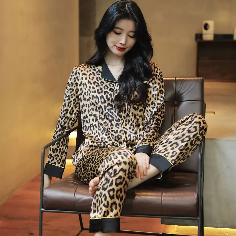 New Sexy Ice Silk Pajamas Women's Thin Model Pink Leopard Print Long-sleeved Home Clothes Set Sleepwear Women Pijama De Saten