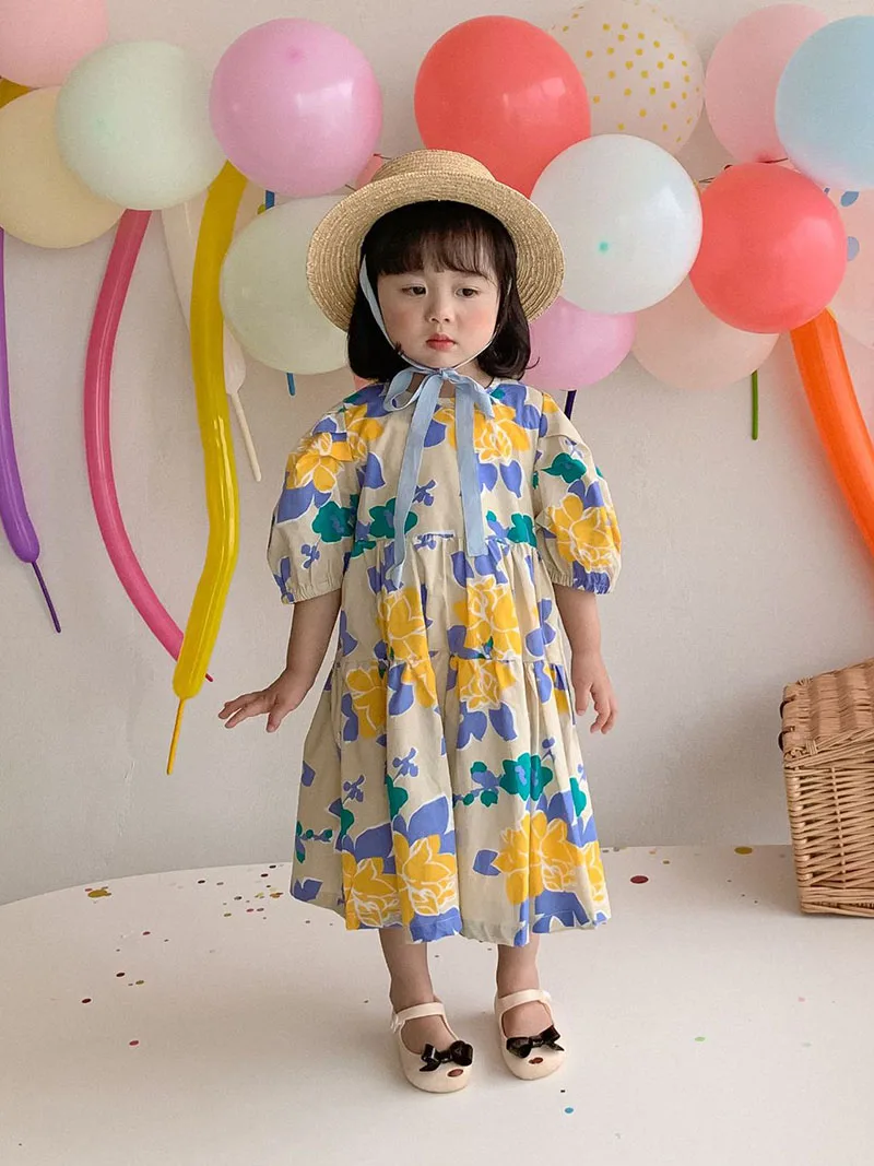 

Детское ТРАПЕЦИЕВИДНОЕ платье с рукавами-фонариками, милый модный наряд принцессы с круглым вырезом для девочек, одежда средней длины, корейский стиль, на лето