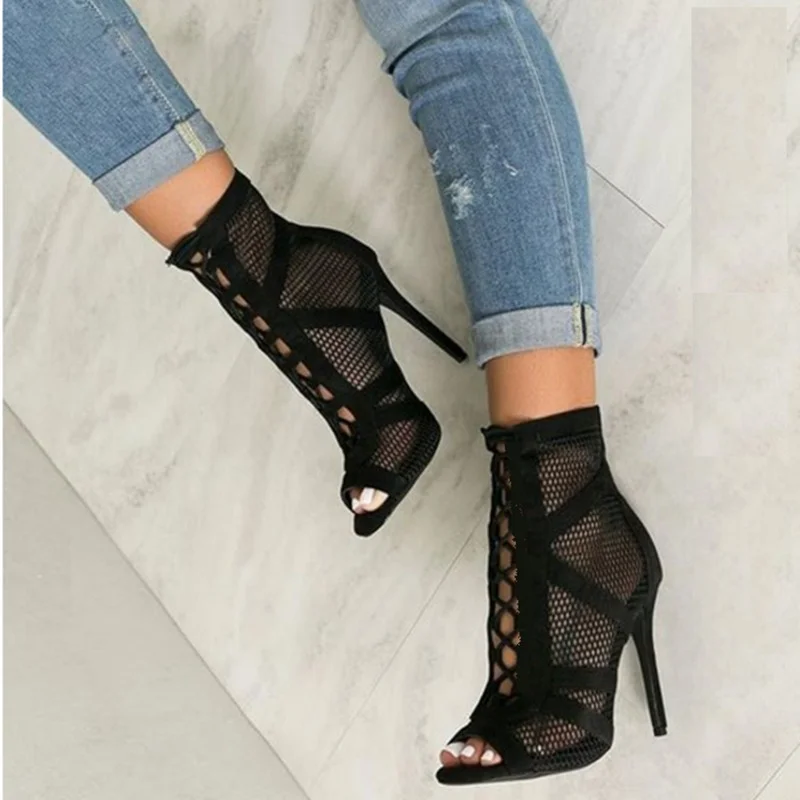 

2022 New Fashion Black Summer Sandals Lace Up Cross-tied Peep Toe High Heel Ankle Strap Net Surface Hollow Out Sandals