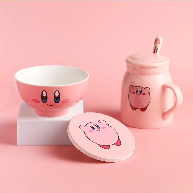 

3PCS Cartoon Ceramic Tableware Kirbys Kawaii Pink Small Bowl Coaster Cup with Spoon Lid Suit Children's Cutlery Milk Cup Gifts