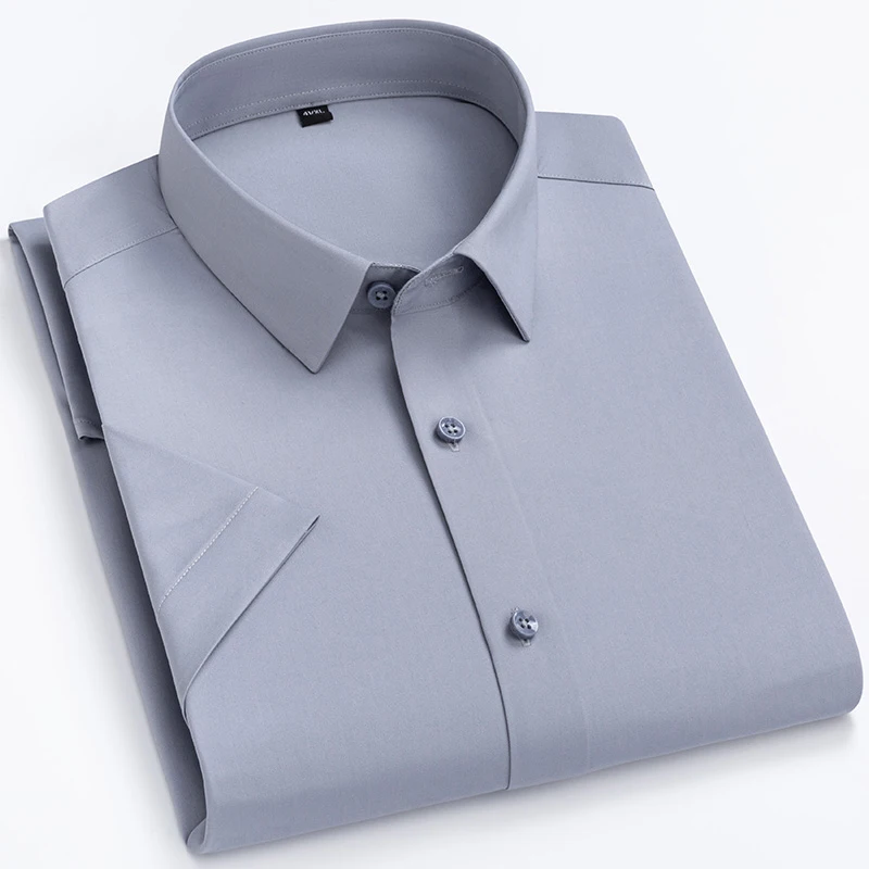 Bamboo Fiber Soft Cozy No Pockets Thin Solid Color Casual Business Formal Short-sleeved Shirt Men Slim Fit Non-iron Work Shirt