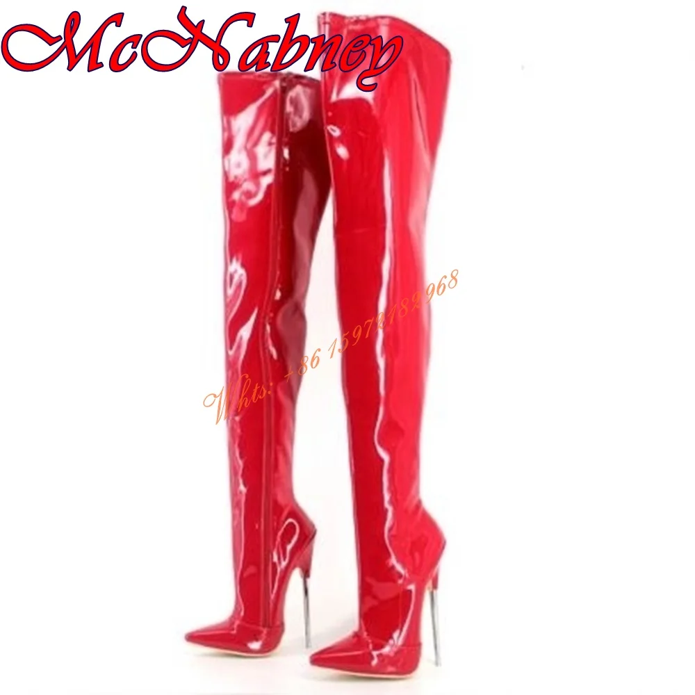 Metal Stiletto Heels Pointy Boots Solid Patent Leather Over the Knee Side Zipper Women Shoes Sexy Super High Heel Long Boots