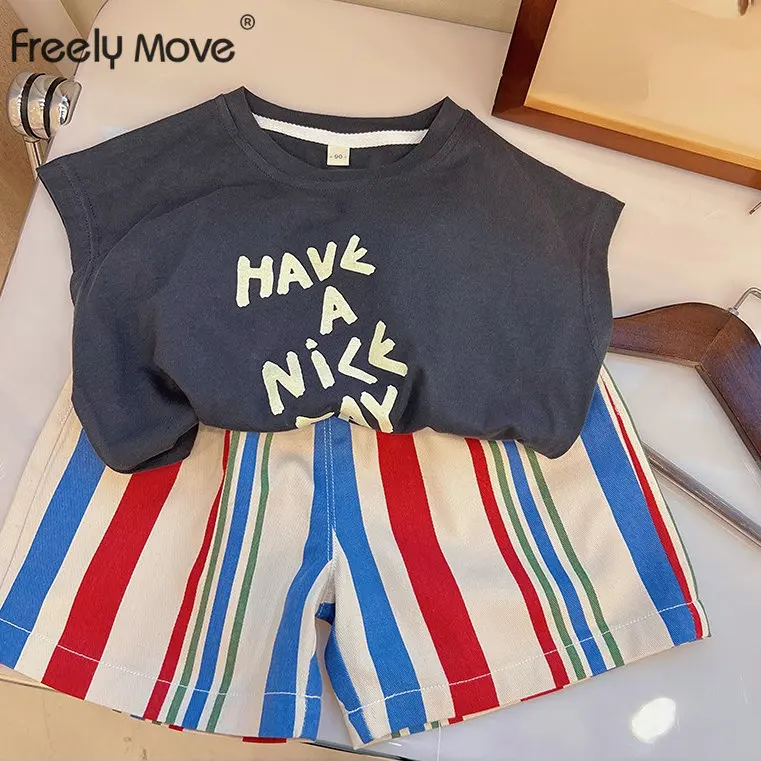 

2023 2pcs Baby Boys Girls Outfits Sets Summer Fashion Short Sleeve Letter Kids T-shirts Tops+ Striped Shorts Clothing