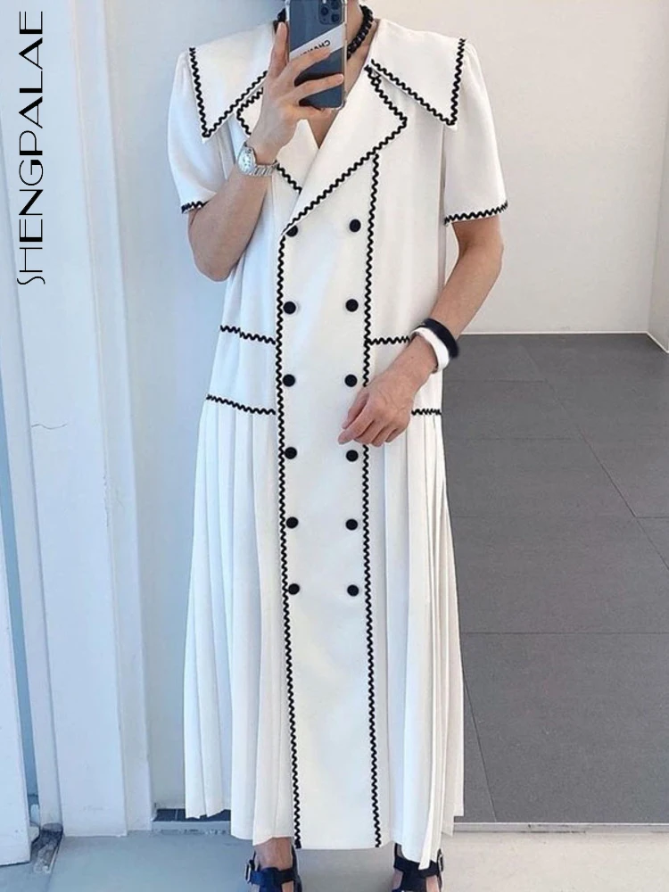 

SHENGPALAE Pleated Dress Women Loose Temperament Lapel Short Sleeve Double Breasted New 2022 Summer Fashion Chic Korean